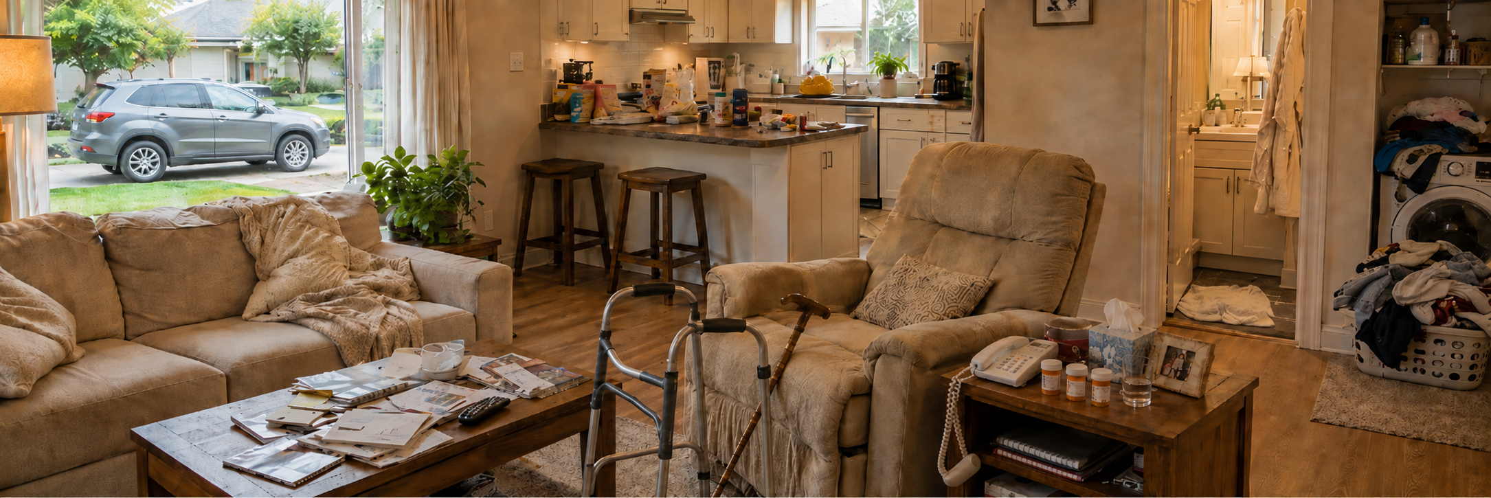 A warm home with a living room, kitchen, laundry area, bathroom, recovery chair, a cane, and a car visible outside.